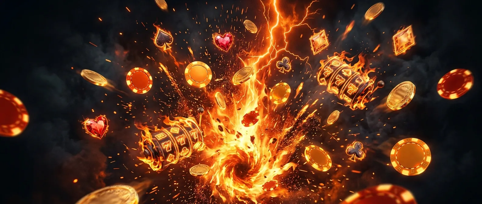 Golden tournament trophy bursting with slot reels, coins and emerald gems in a forest